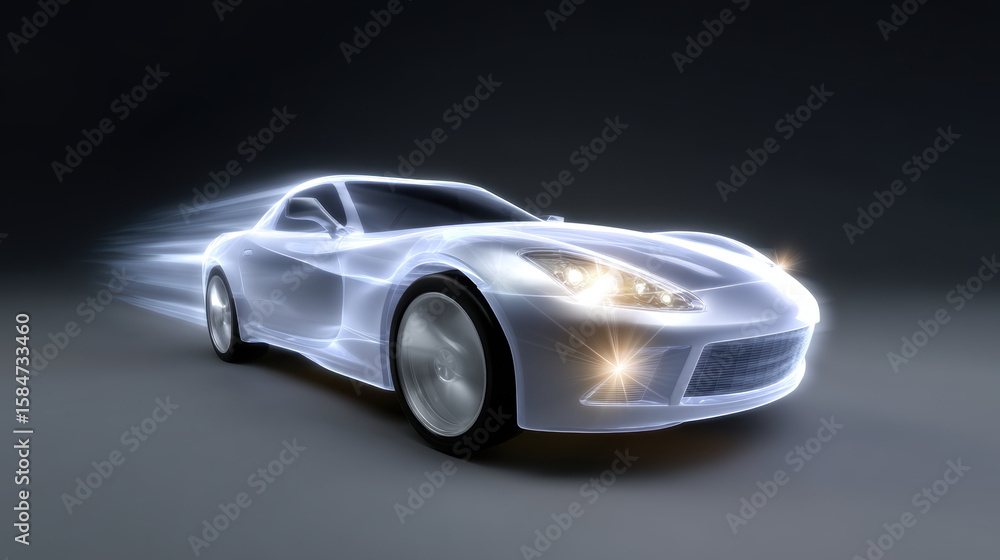 Sleek, futuristic sports car with glowing outlines speeds through dark background, creating sense of motion and innovation Sleek, futuristic sports car with glowing outlines speeds through dark background, creating sense of motion and innovation