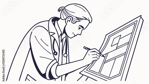 Professional Architect or Engineer Drawing Architectural Blueprints on Drafting Board - Line Art