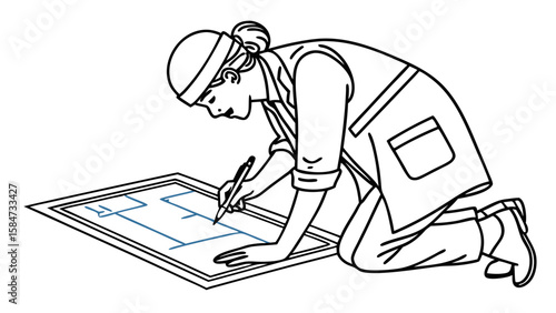 Architect or Engineer Kneeling and Drawing Blueprint Plan - Line Art Illustration