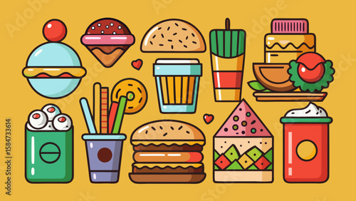 Vector art of a delightful assortment of colorful fast food items, featuring burgers, drinks, fries, and tempting desserts