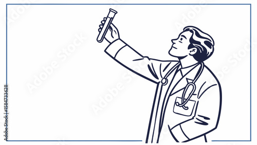 Doctor or scientist examining test tube in laboratory. Medical research, healthcare, and science concept line art.