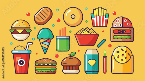 Vector art of a cheerful arrangement of tempting fast food items, showcasing burgers, ice cream, fries, and sweet delights
