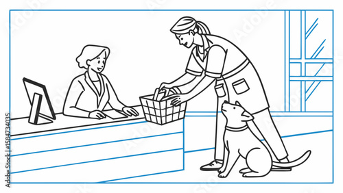 Veterinary Clinic Interaction: Pet Owner, Dog, and Receptionist at Front Desk Line Art