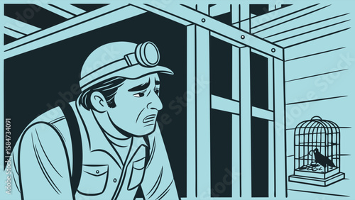 Anxious Coal Miner with Canary in Cage: Mine Safety Warning Illustration