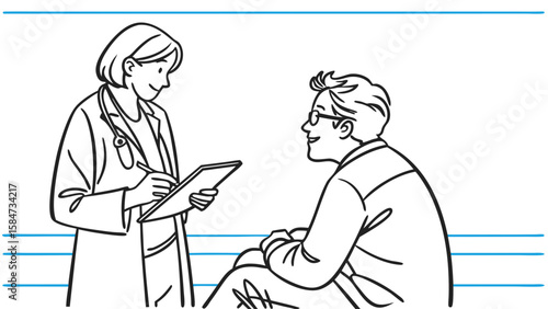Doctor and patient consultation line art illustration for healthcare and medical concepts