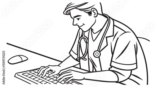 Medical Professional Typing on Computer Keyboard - Healthcare Technology Line Art Illustration