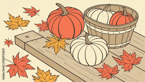 Fall harvest pumpkins and autumn leaves on wood table seasonal thanksgiving decoration still life art