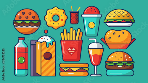 Vector art of a dynamic arrangement of classic fast food icons, showcasing burgers, fries, drinks, and desserts in a clean and appealing flat illustration style