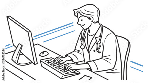 Healthcare Professional Working on Computer. Doctor Using Desktop PC for Medical Records, Online Consultation, or Research. Line Art Illustration.