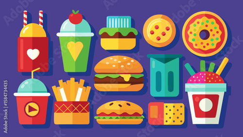 Vector art of a vibrant assortment of fast food and sweet treats, featuring burgers, fries, donuts, and drinks, arranged against a deep purple background