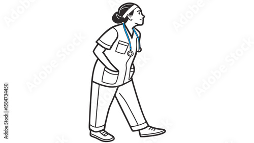 Healthcare Professional in Scrubs with Stethoscope Line Art Illustration