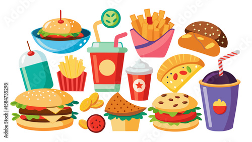 Vector art of a colorful cartoon arrangement of diverse fast food options, featuring burgers, fries, drinks, sandwiches, and snacks, all isolated on a white background