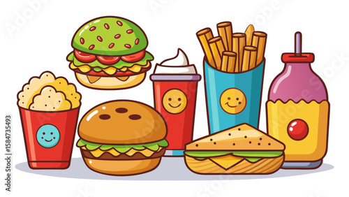 Vector art of a cheerful arrangement of cartoon fast food, featuring burgers, fries, sandwiches, cupcakes, and drinks