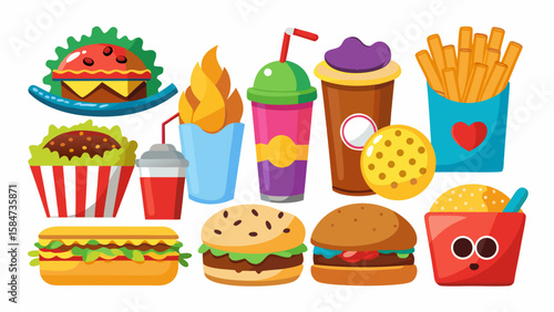 Vector art of an energetic arrangement of cartoon fast food items, showcasing burgers, fries, shakes, and popcorn