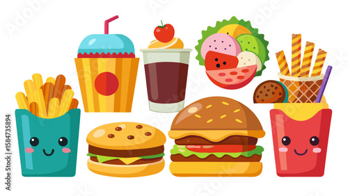 Vector art of a delightful collection of cute cartoon fast food items, including burgers, fries, and drinks, with happy faces