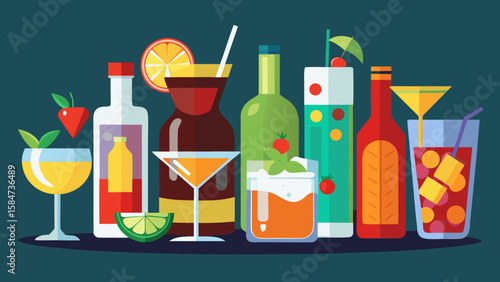 Vector art of a vibrant flat design illustration featuring a variety of refreshing cocktails and alcoholic beverages with fruit garnishes