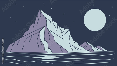 Night arctic landscape iceberg mountain under moonlight with stars and ocean illustration vector design