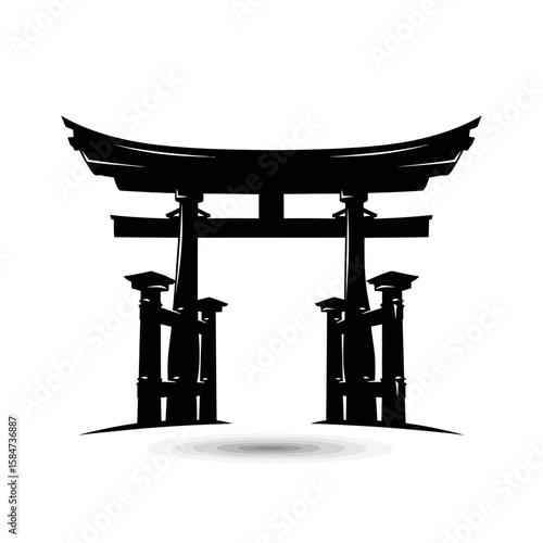 Silhouette depiction of a traditional Japanese torii gate, isolated on white.