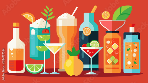 Vector art of an assortment of refreshing cocktails and spirits, ideal for a summer party