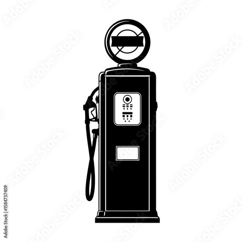 Illustration of an old-fashioned gas pump, depicted in black and white, with a nozzle and a circular display.