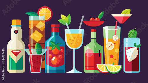 Vector art of an inviting selection of cocktails and bottles, ready for a night of fun
