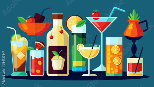 Vector art of a delightful display of various cocktails and spirits, perfect for any celebration