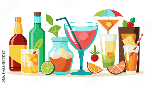 Vector art of an assortment of refreshing alcoholic beverages and garnishes, ideal for a summer party
