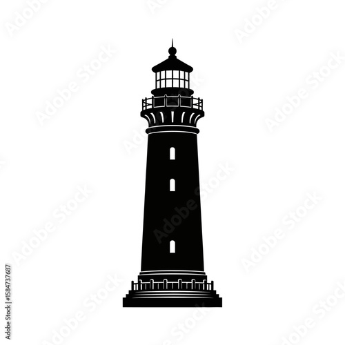 A solitary, black silhouette of a classic lighthouse stands tall against a white background.