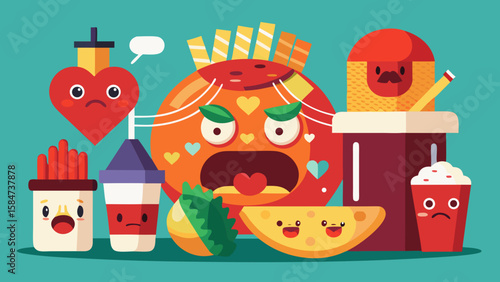 Vector art of a collection of anthropomorphic fast food and fruit characters with various expressions