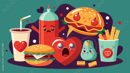 Vector art of a lively scene of anthropomorphic fast food items, including burgers, fries, and drinks, expressing surprise