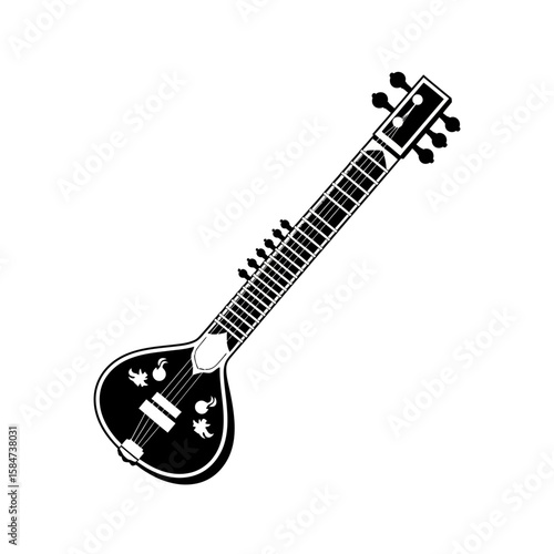 A black and white illustration of a traditional Indian stringed instrument.