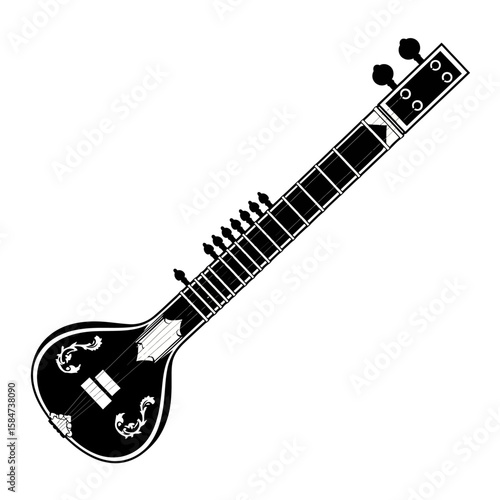 A sitar, a long-necked Indian stringed instrument, is depicted in a simple black and white illustration.