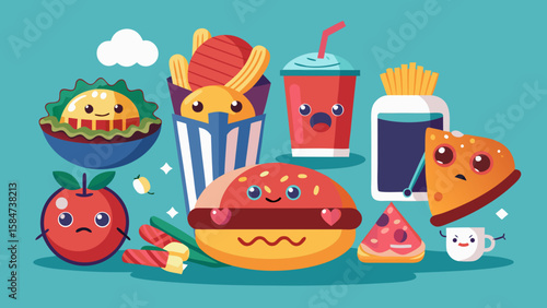 Vector art of a vibrant collection of anthropomorphic fast food characters, including burgers, fries, drinks, and fruit, expressing various emotions