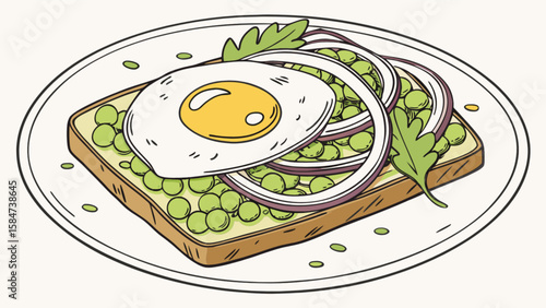 Delicious pea and egg toast recipe with red onion and garnish for healthy breakfast or brunch idea