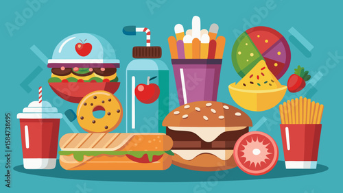 Vector art of a vibrant collection of cartoon food characters, featuring burgers, fries, a donut, and drinks, are arranged in a playful and colorful flat design