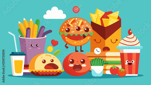 Vector art of a playful scene of cartoon fast food characters, featuring burgers, fries, and drinks with expressive faces, arranged in a vibrant and colorful flat design