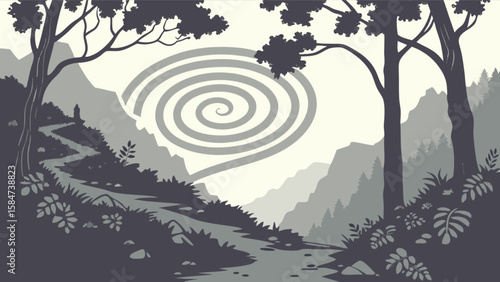 Scenic mountain landscape with spiral sky and winding path for nature travel adventure design 100