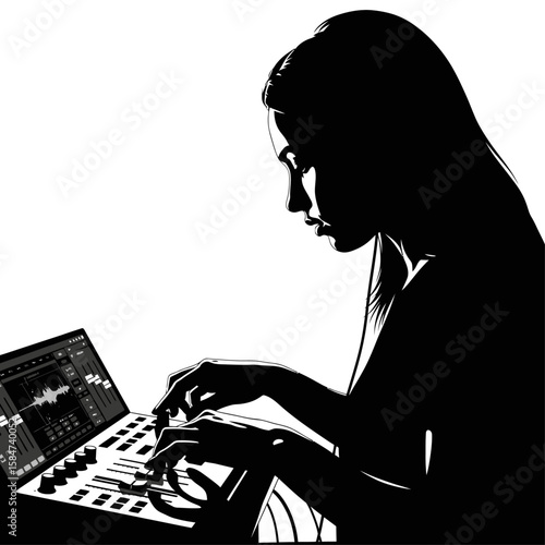 Silhouette of a woman composing music on a digital audio workstation (DAW) with a keyboard.