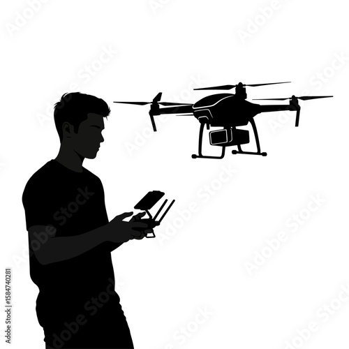 Silhouette of a man operating a drone, remote control in hand, against a white background.