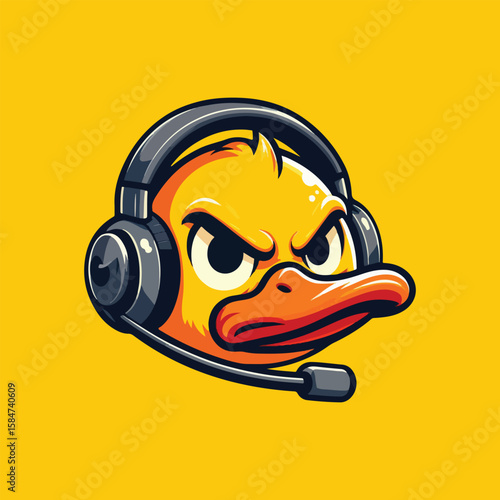 Furious Duck Gamer Mascot Logo: An Angry Cartoon Duck Wearing Headphones and a Microphone – Perfect for Gaming Teams, Streaming Channels, or Esports Brands