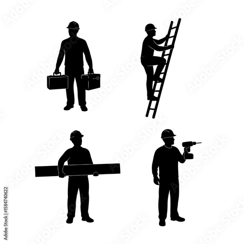 Four black silhouette figures of construction workers, each performing a different task, including carrying tools, climbing a ladder, and using power tools.