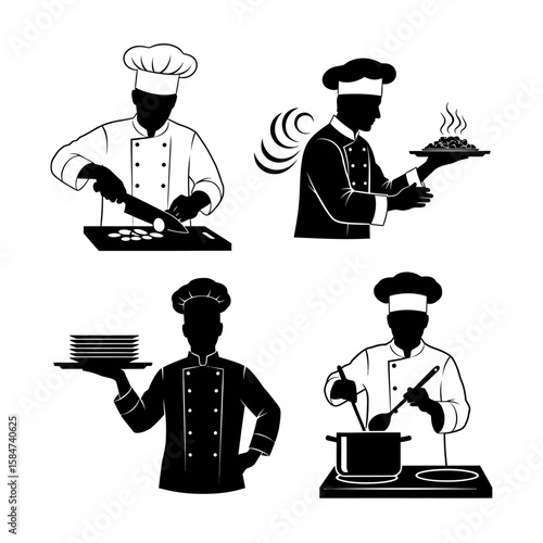 Four stylized silhouettes of chefs showcasing various culinary actions: chopping vegetables, presenting a dish, holding plates, and stirring a pot.