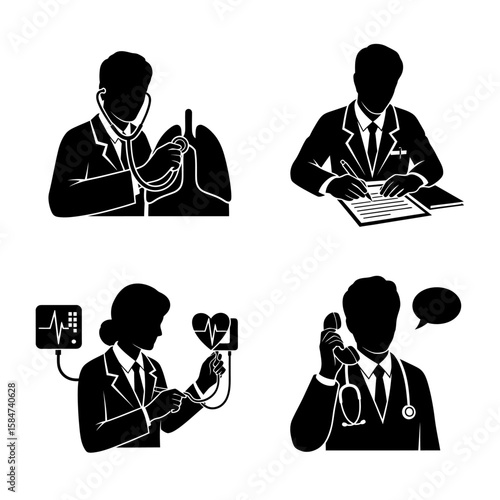 Silhouetted doctors performing medical examinations and consultations, in various poses.