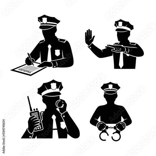 Silhouetted police officers in various poses: writing, directing traffic, using radio, and holding handcuffs.