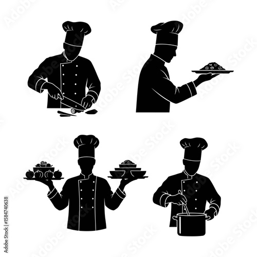 Four black silhouette chefs in various cooking actions, showcasing different culinary tasks.