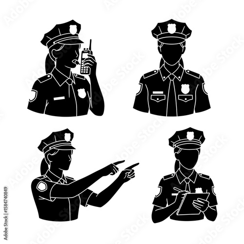 Four black and white vector illustrations of a female police officer in different poses and actions.