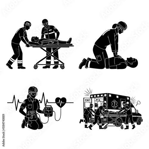 Emergency medical technicians providing crucial care: patient transport, CPR, defibrillation, and ambulance arrival.