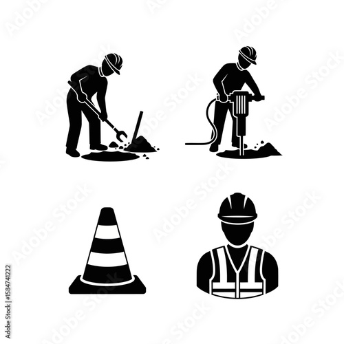 Construction worker silhouettes performing various tasks, including digging, using a jackhammer, and wearing safety gear, along with a traffic cone.