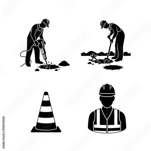 Construction workers using a jackhammer and shovel, with a safety cone and worker icon.