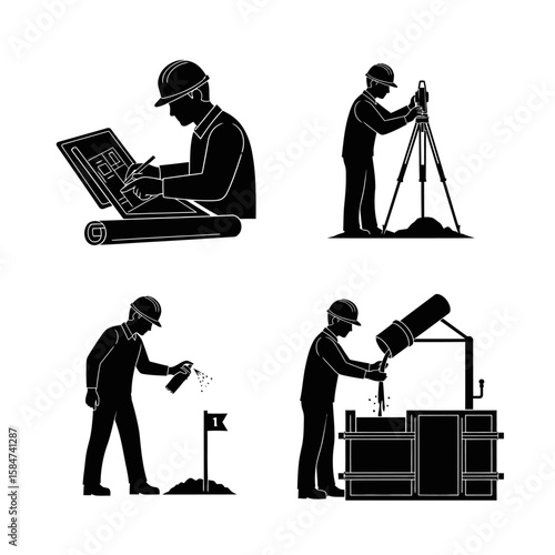 Four black silhouette illustrations of construction workers engaged in various tasks, including blueprint review, surveying, spraying, and pouring concrete.